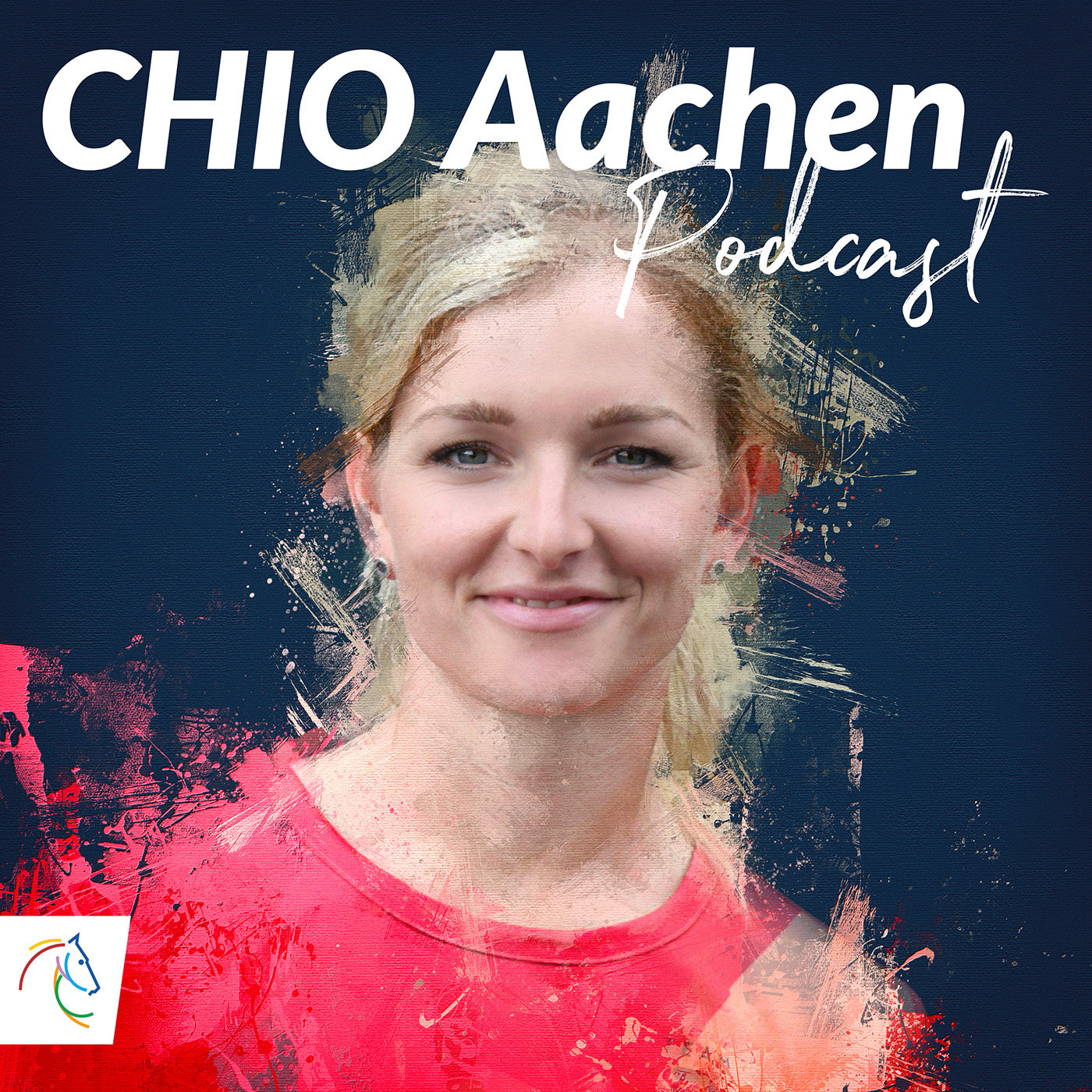 CHIO Aachen Podcast Cover mit Julia Krajewski in einem malerischen Stil mit pinken und beigen Pinselstrichen an den Konturen ihres lächelnden Portraits. Julia trägt ein pinkes Oberteil und hat ihre blonden Haare zurückgebunden.