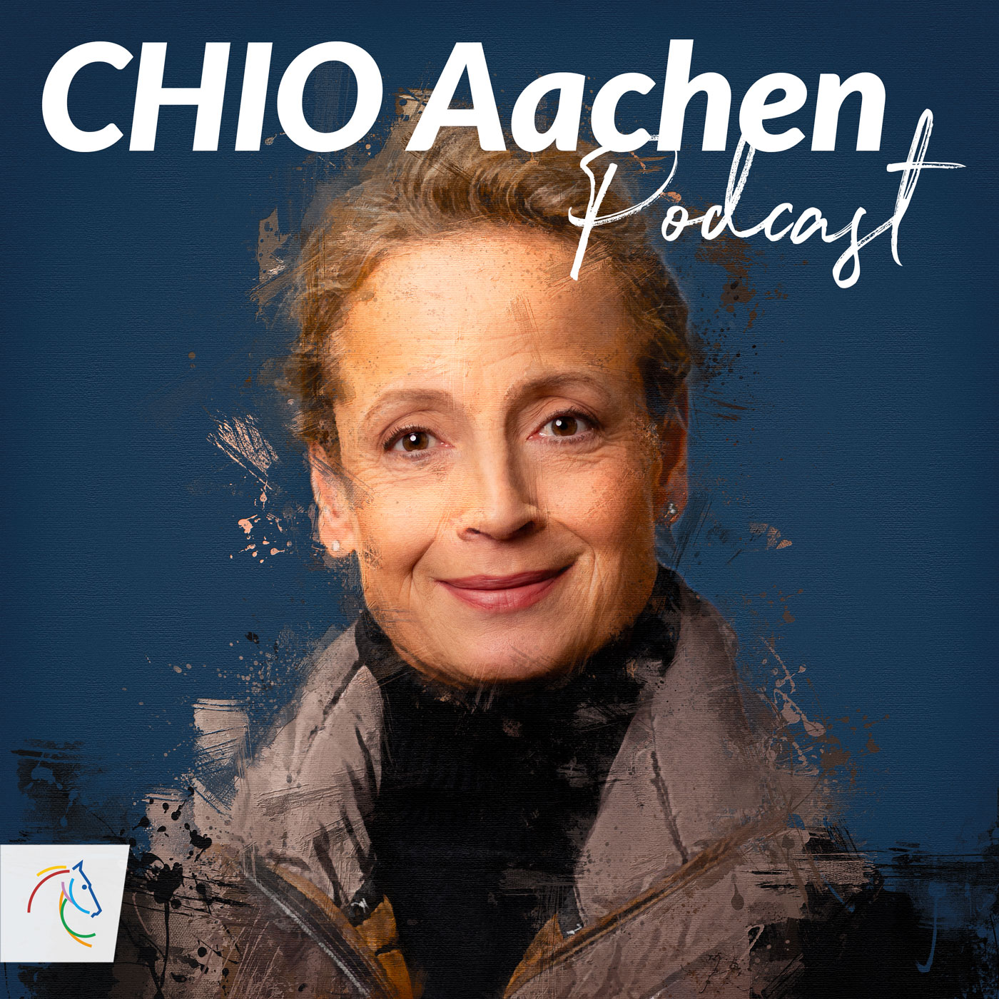 CHIO Aachen Podcast Cover der Doppelfolge mit Isabell Werth in einem malerischen Stil mit brauen Pinselstrichen an den Konturen ihres lächelnden Portraits