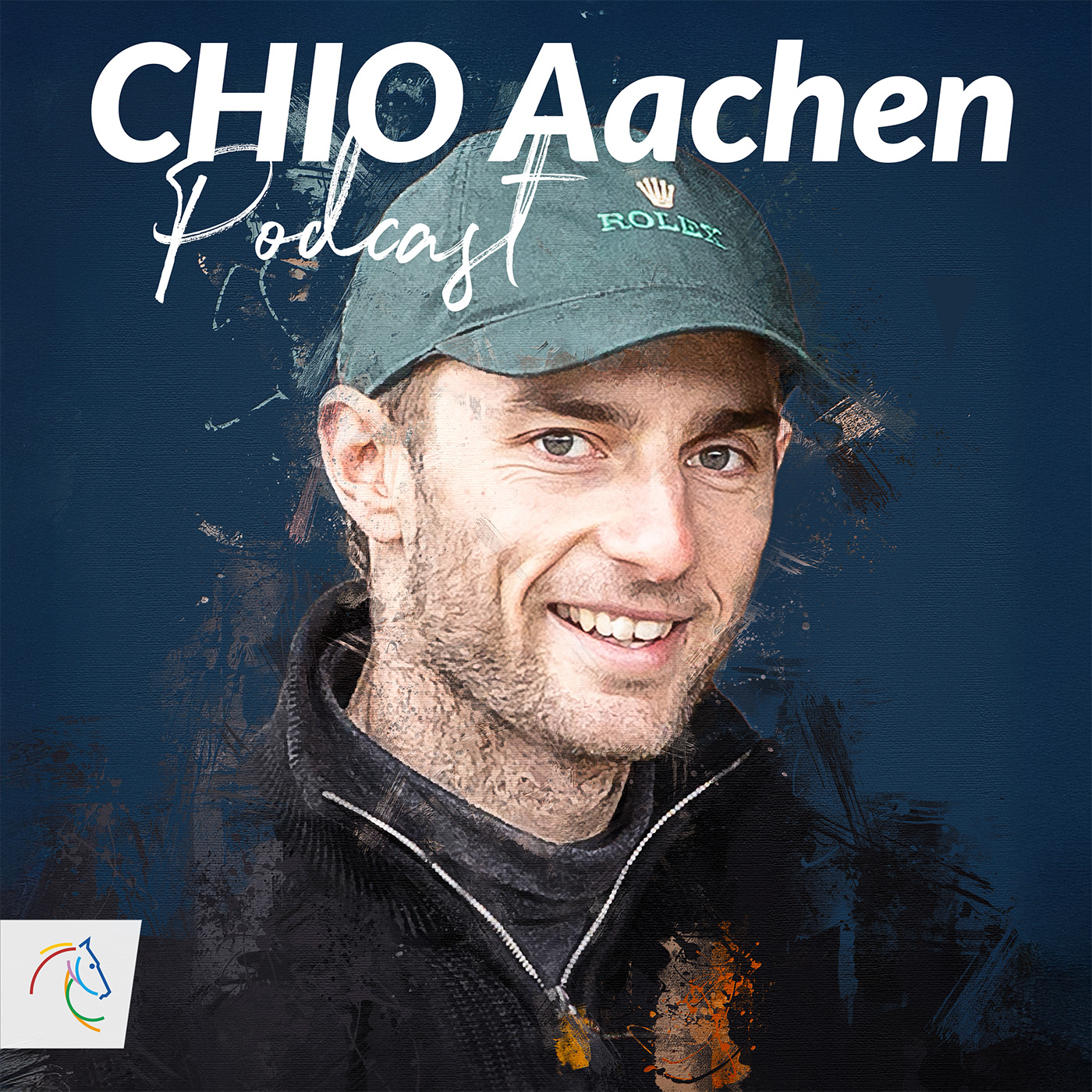 CHIO Aachen Podcast Cover mit Richard Vogel in einem malerischen Stil mit schwarzen und dunkelgrünen Pinselstrichen auf den Konturen seines lächelnden Portraits. Er trägt einen dunklen Strickpulli mit halboffenem Reißverschluss des Stehkragens sowie eine grüne Kappe mit Rolex Logo.